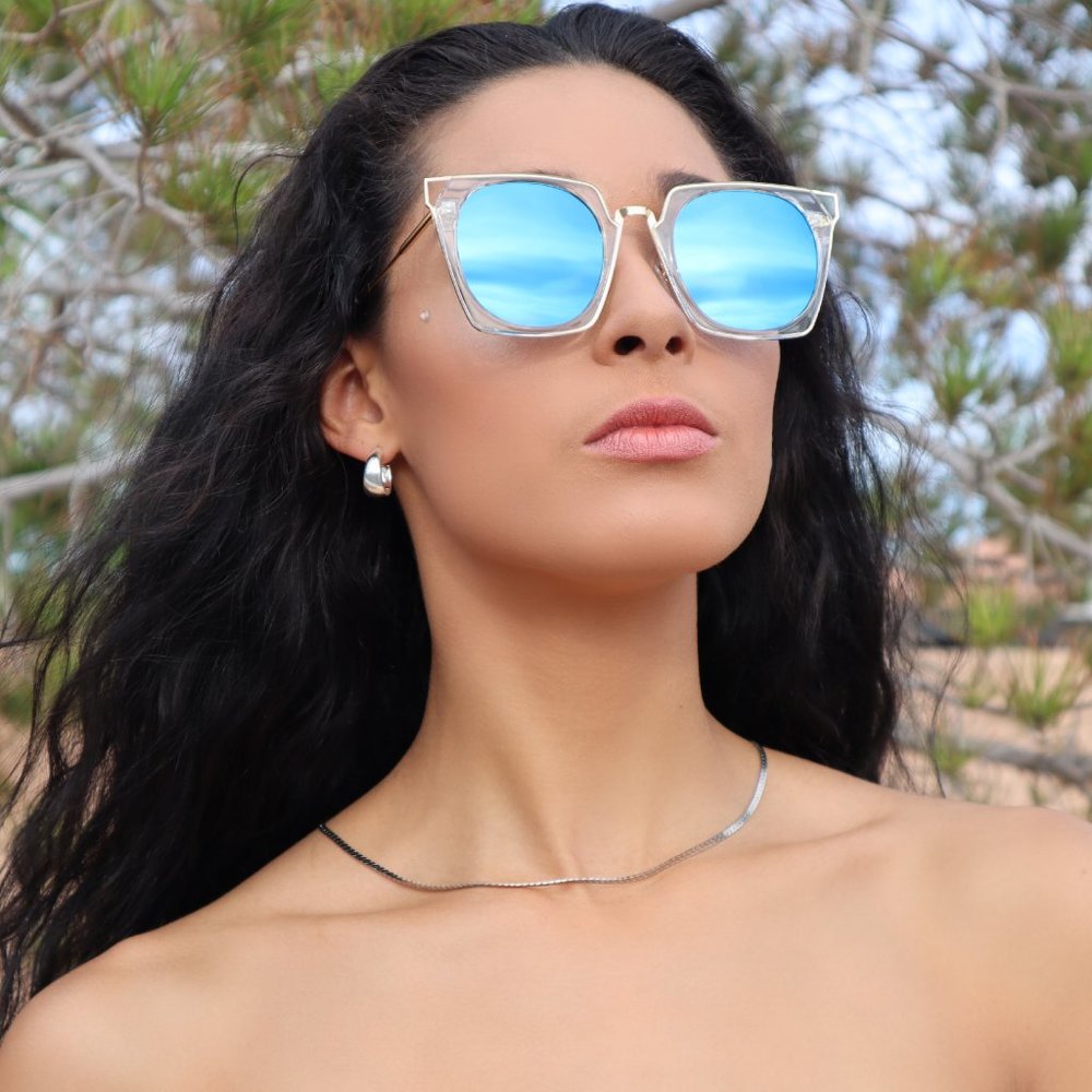 SQUARE KAT RETRO Retro Mirrored Sunglasses, Clear Frame and Blue Lens